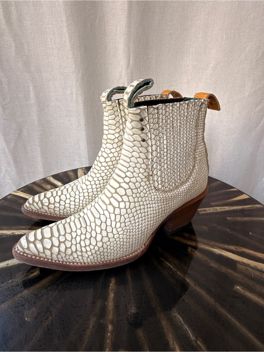 White Embossed Leather Western Heeled Chelsea Boots